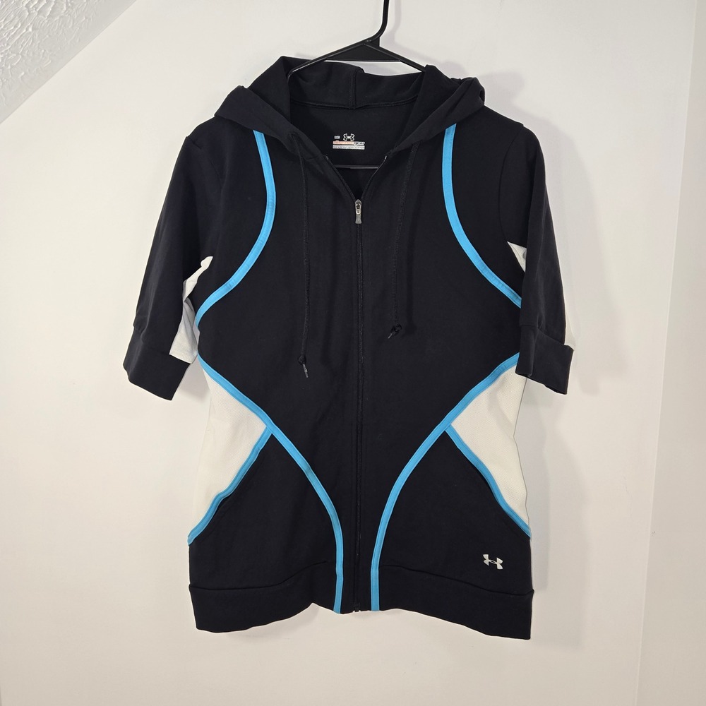Under Armour Womens Short Sleeve Full Zip Hoodie Black Blue Colorblock Small